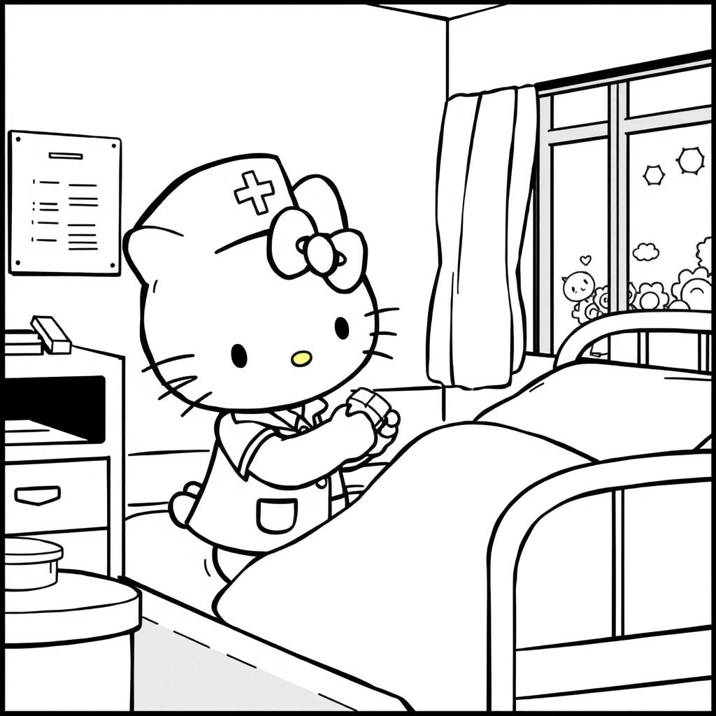 A black and white illustration of Hello Kitty dressed as a nurse, gently administering medication to a patient