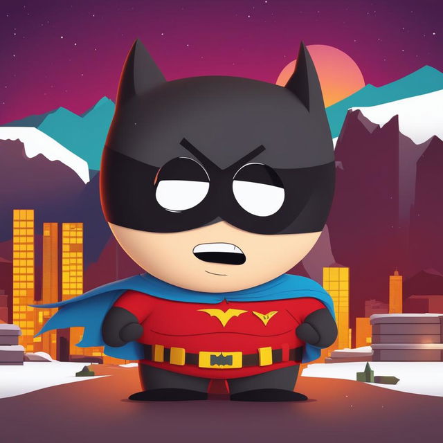 A high-quality digital art piece featuring Batman in vibrant red clothes, styled in the iconic South Park animation