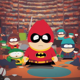 A high-quality digital art piece featuring Batman in vibrant red clothes, styled in the iconic South Park animation