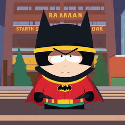 A high-quality digital art piece featuring Batman in vibrant red clothes, styled in the iconic South Park animation