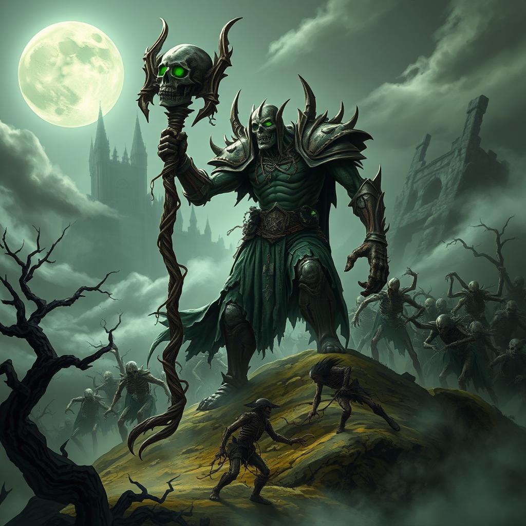 A powerful zombie lord in a dark fantasy RPG setting, with decaying armor adorned with battle scars and glowing green eyes that radiate a sinister energy