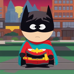 A high-quality digital art piece featuring Batman in vibrant red clothes, styled in the iconic South Park animation