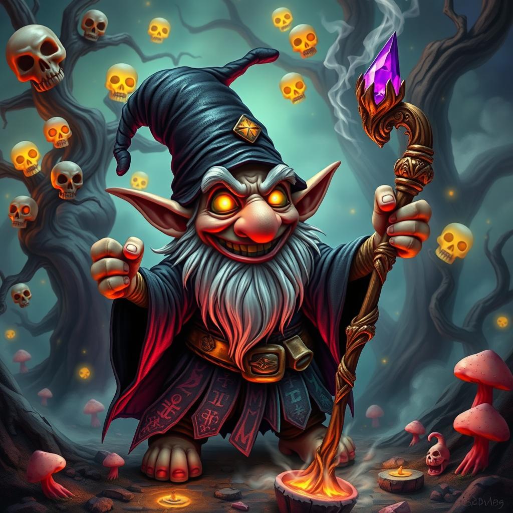 A whimsical gnome necromancer wizard, with exaggerated features like a large, bulbous nose and pointy ears, casting spells with a maniacal grin