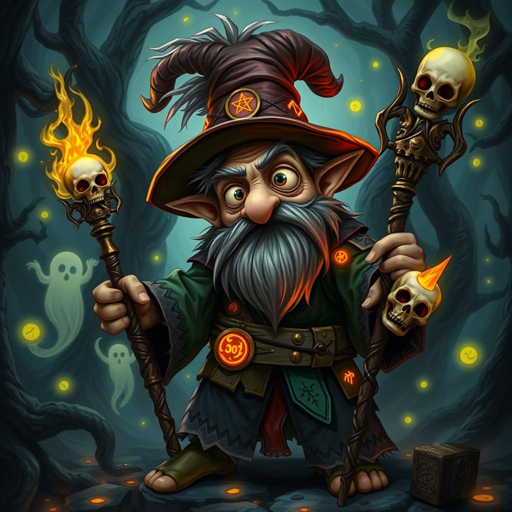A quirky gnome necromancer wizard with an eccentric demeanor, featuring big expressive eyes and a wild tuft of hair