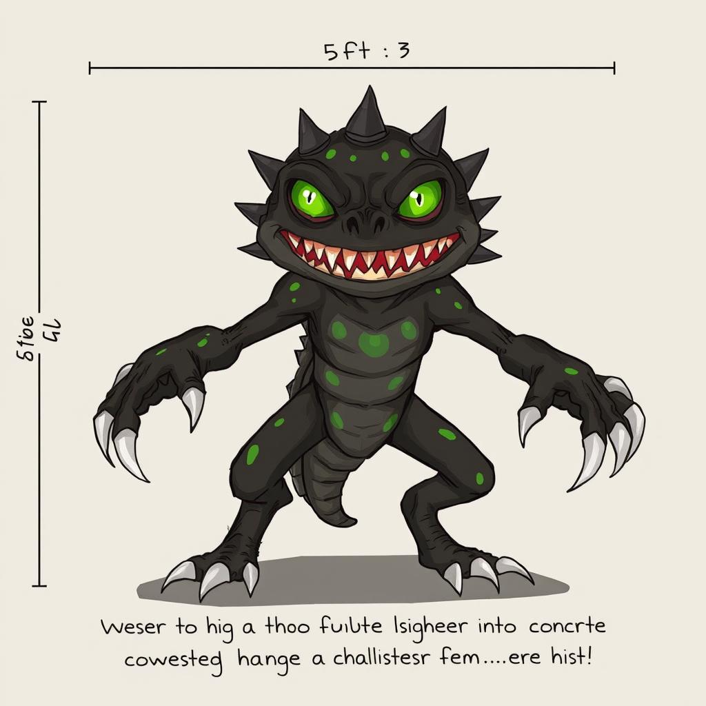 A creature with piercing green eyes and jagged teeth, measuring 5 feet long and 3 feet wide