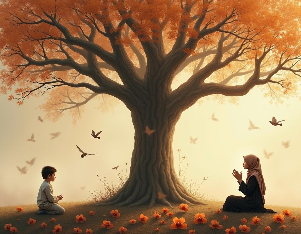 A serene and contemplative scene featuring a large tree of life with sprawling branches set against a backdrop of soft autumnal browns