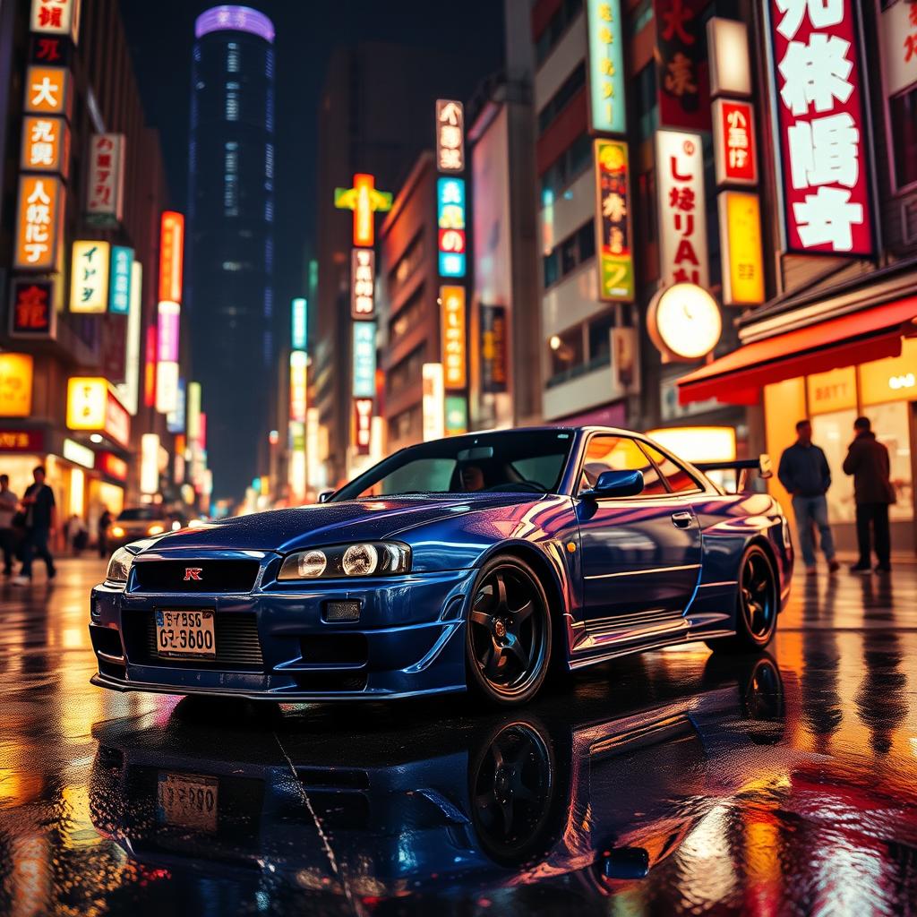 A Nissan Skyline GT-R R34 parked in a vibrant Tokyo street at night, illuminated by neon lights