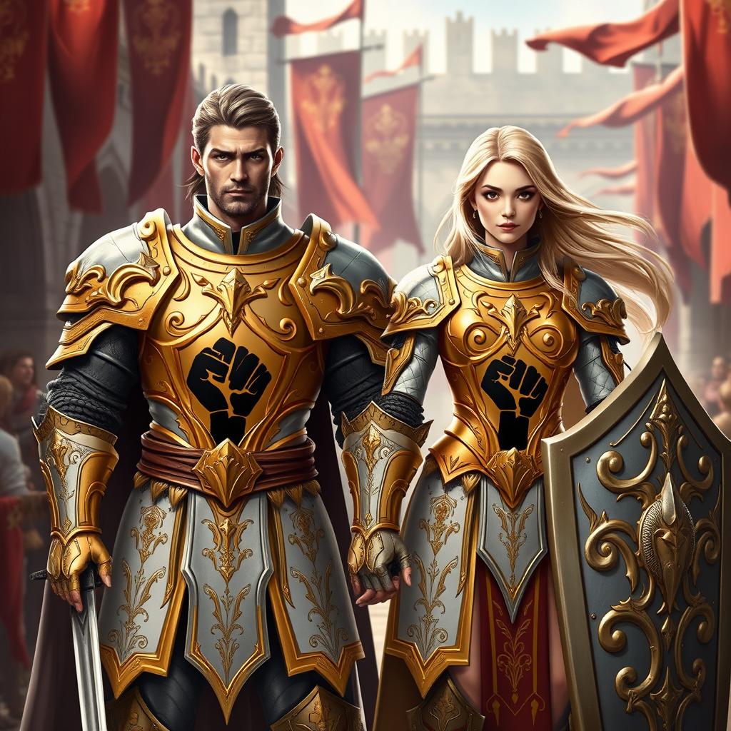 A pair of fantasy guards, one male and one female, standing confidently side by side