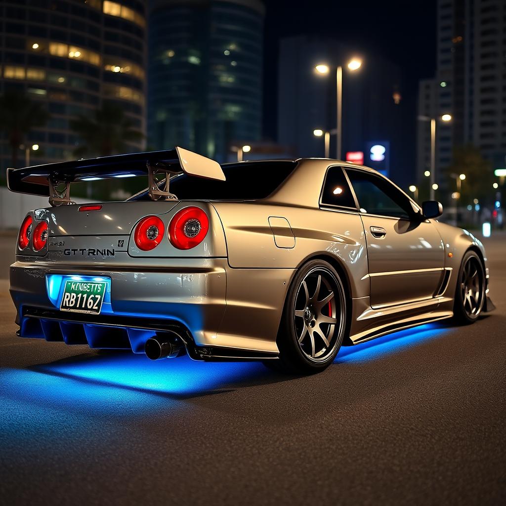 A stunning Nissan Skyline GT-R R34 with an aggressive wide body kit, featuring vibrant underglow lights illuminating the sleek chassis