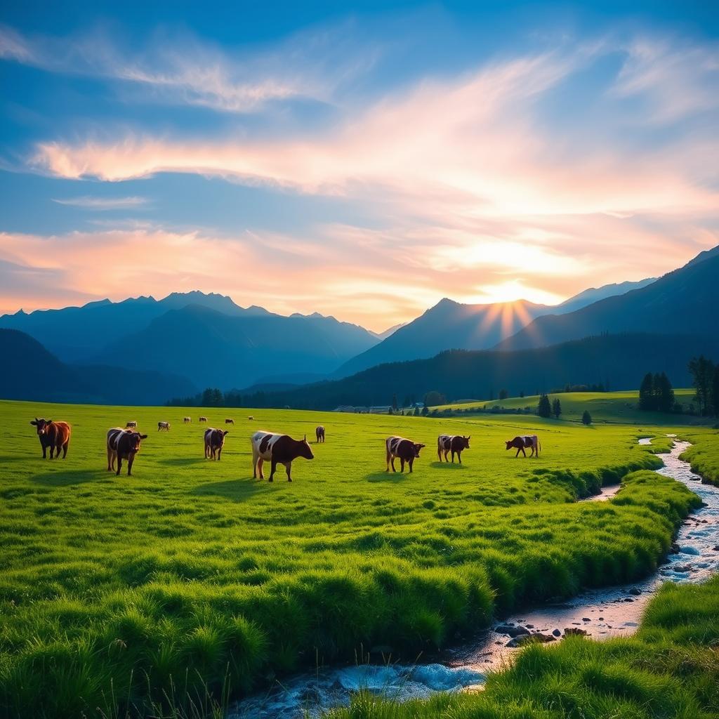 A vivid morning scene of a lush green field surrounded by majestic mountains