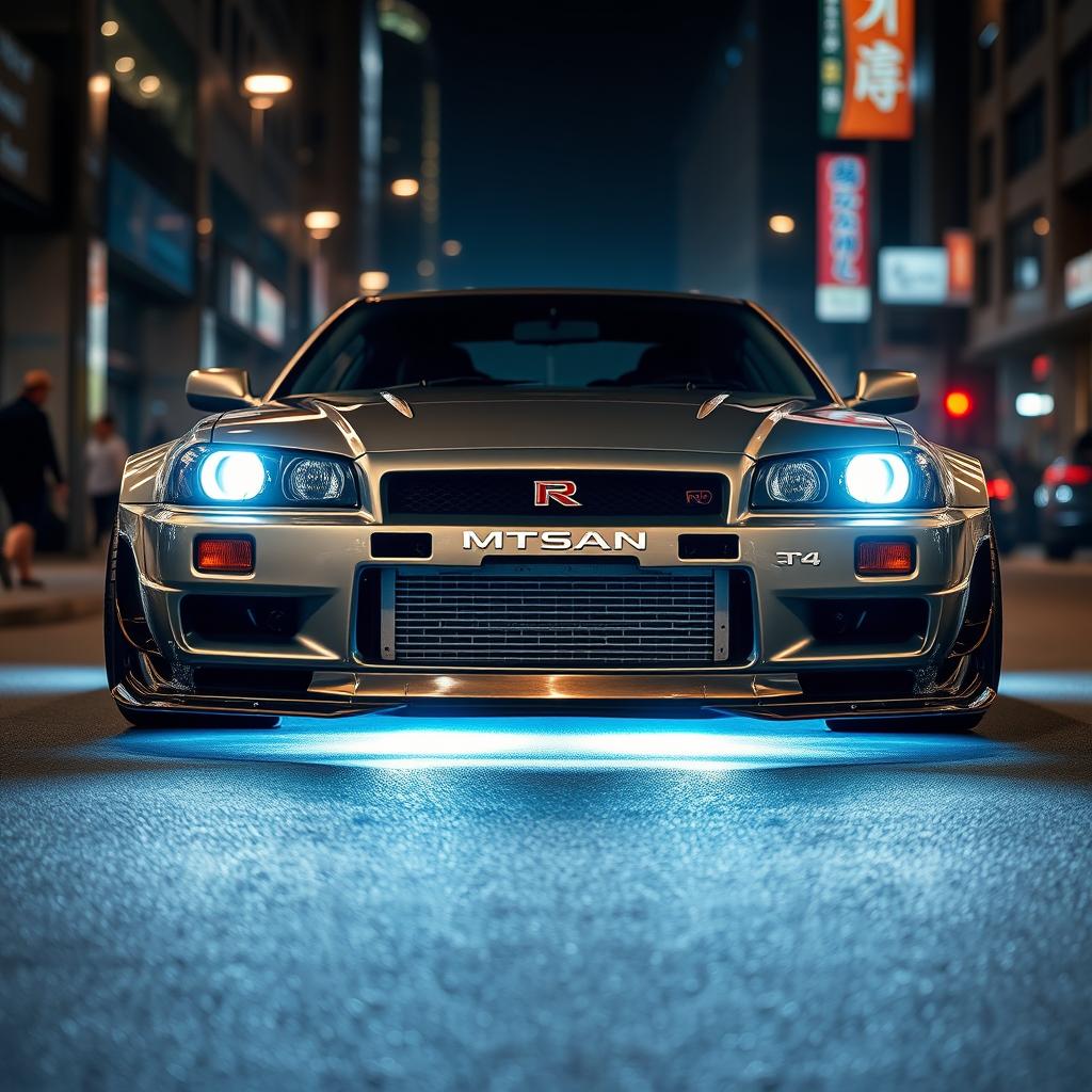 A detailed view of a Nissan Skyline GT-R R34 in a wide body kit