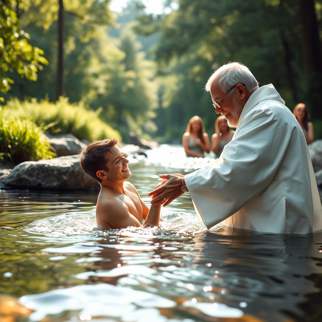 A scene depicting a pastor performing a baptism ceremony for a young adult in a serene outdoor setting
