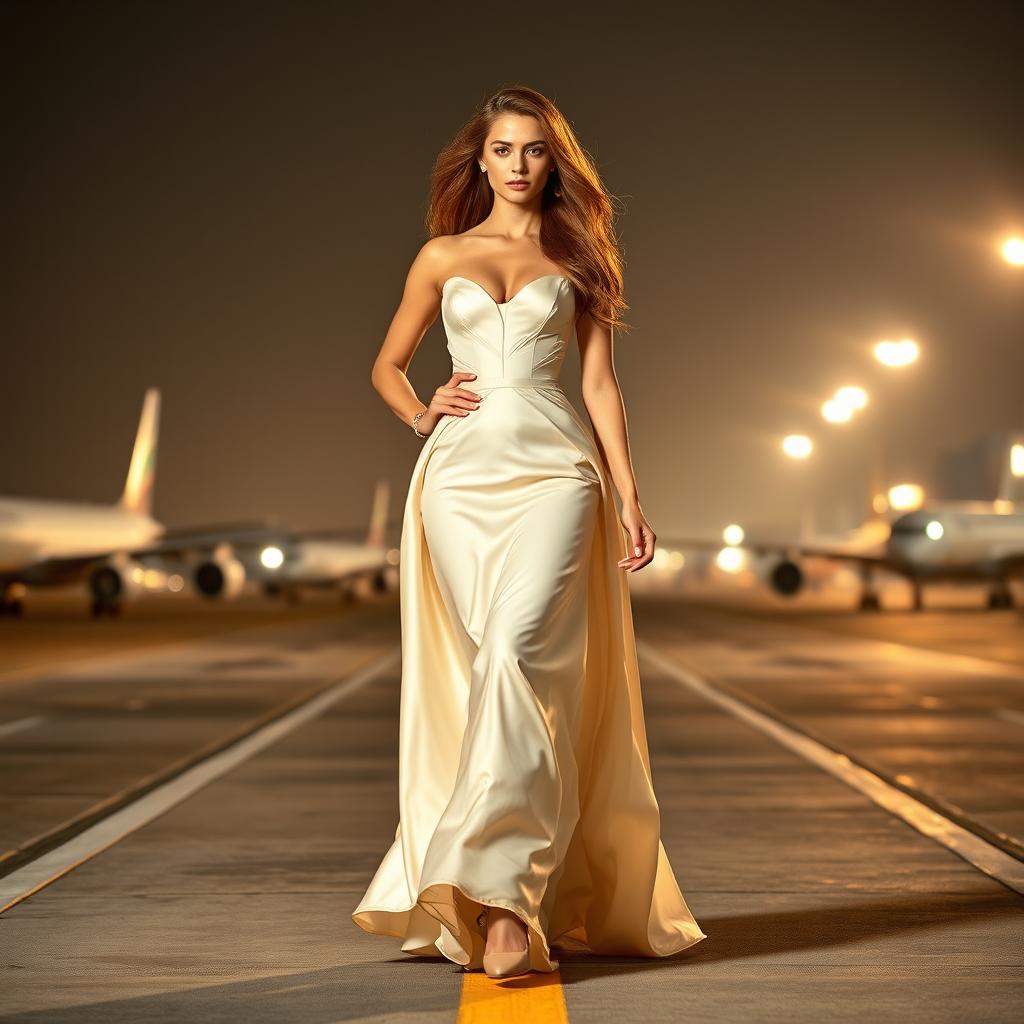 A beautiful model confidently walking down an airport runway, showcasing a stunning, elegant gown