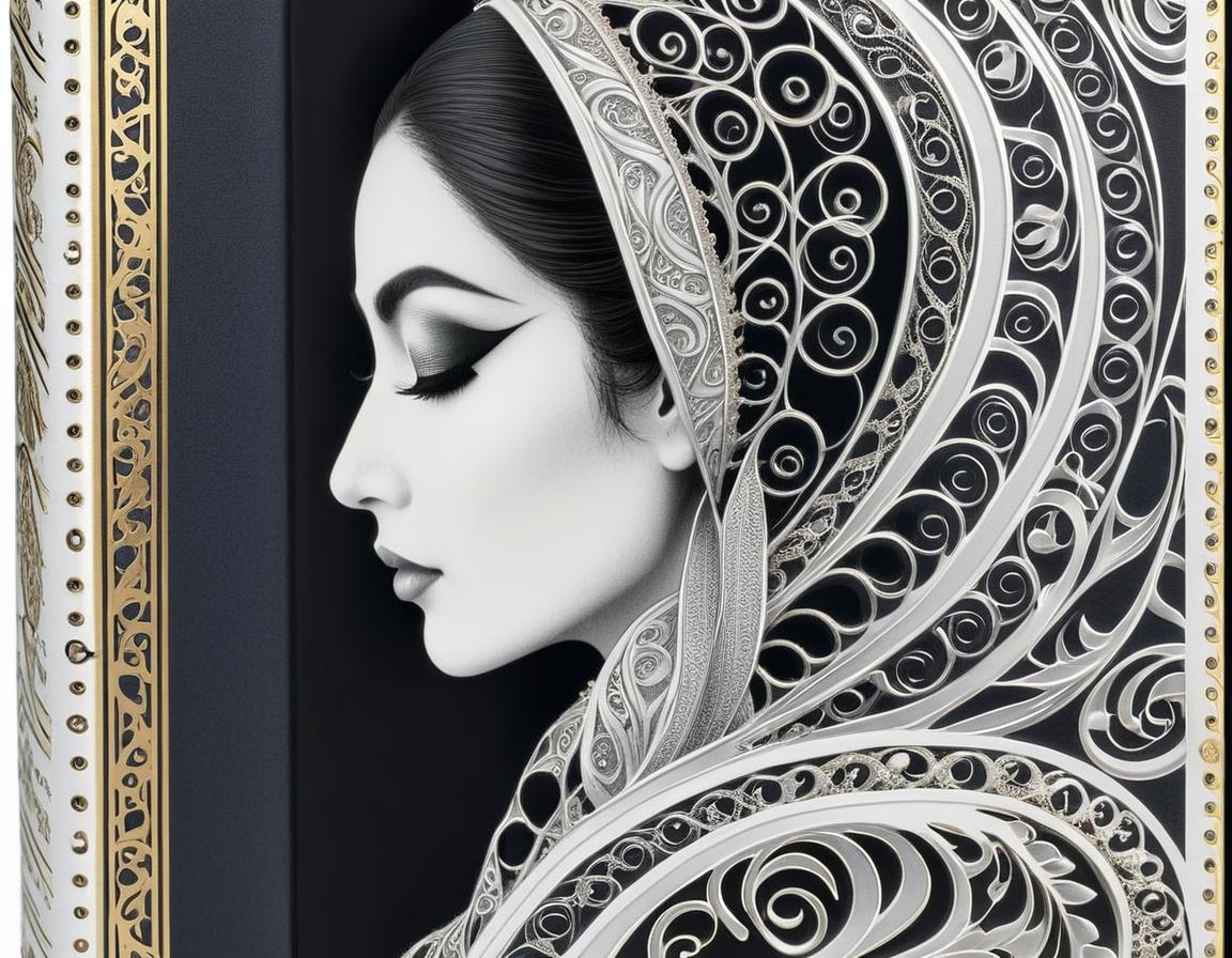 The image shows the design of a book cover (front cover).
A female figure in profile, with a serene face, closed eyes, and defined eyelashes. A mark runs along her forehead. Hair is detailed with intricate spirals and patterns, along with an elaborate hijab/veil with decorative motifs. Art Nouveau style: fine lines, dense ornamentation, and flowing lines. Monochromatic palette (black/white) with moderate contrast, adding a touch of gold and red in a small ornament held near her lips. Moderately dark background to highlight the figure. Emphasize details in hair, ornaments, forehead, and a calm expression, blending classic elegance with a mystical air.