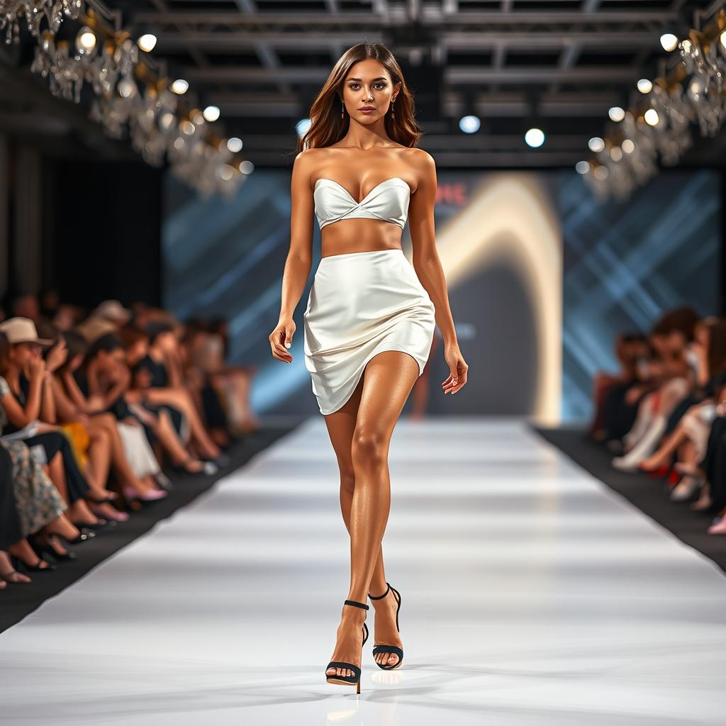 A beautiful model confidently strutting down the runway in full view, wearing high-heeled shoes