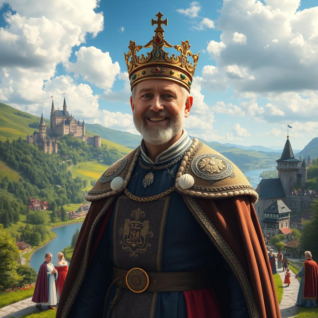 A regal scene depicting the president of Poland reimagined as a medieval king, adorned in opulent royal garments, including a detailed crown and a flowing cape