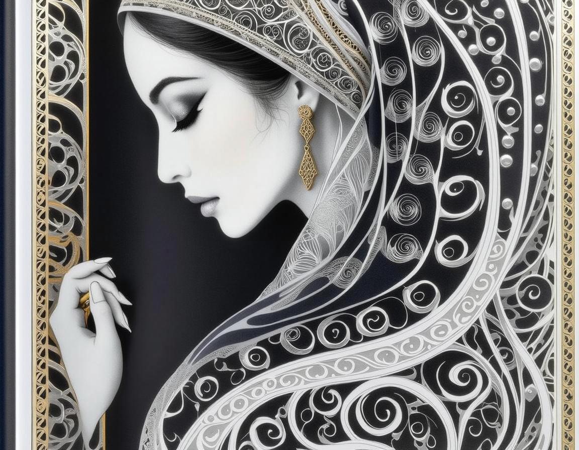 A beautifully detailed side profile of a woman adorned in an intricately designed headscarf, enhanced with swirling patterns