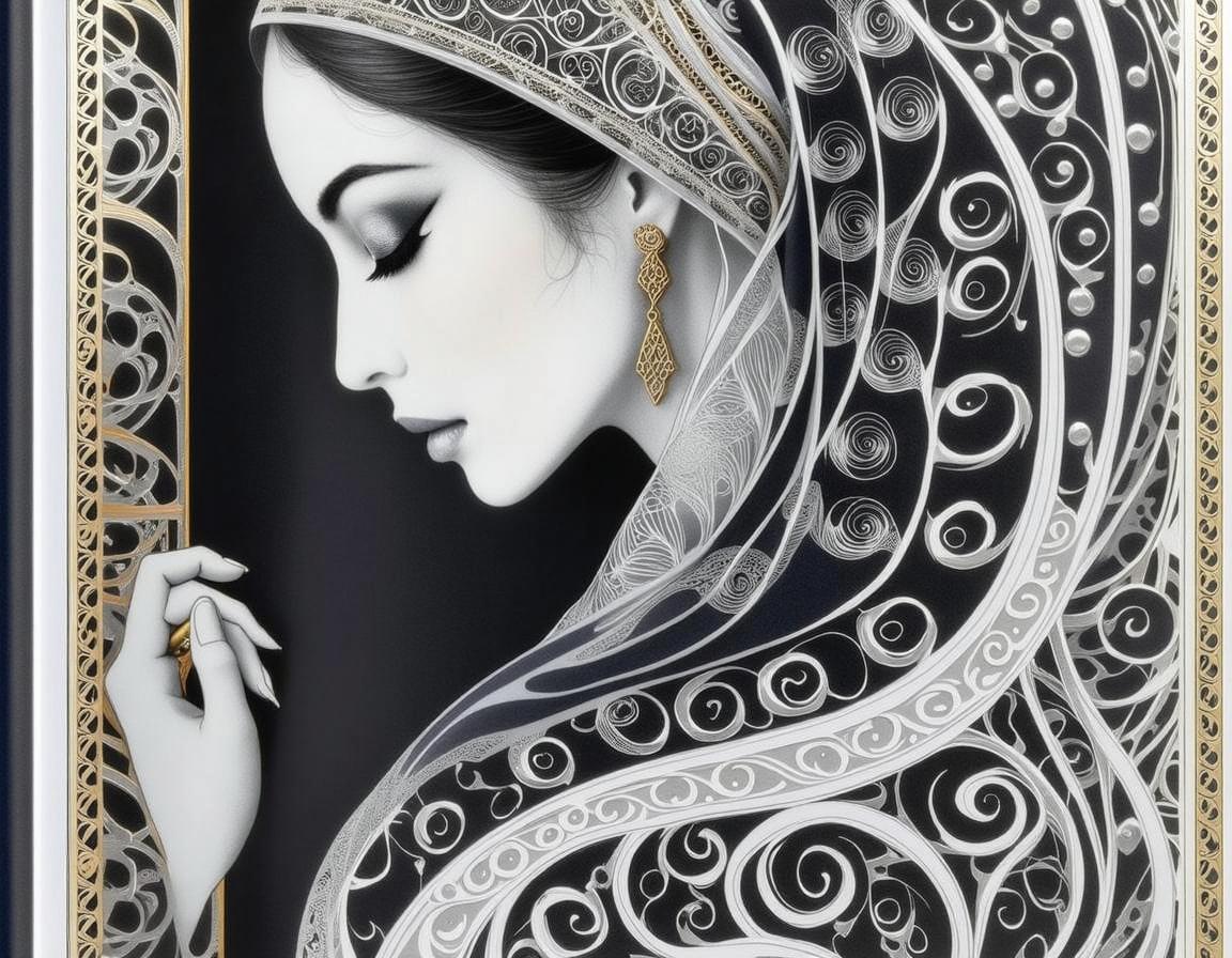 A stunning, stylized portrait of a woman wearing a beautifully designed hijab, adorned with intricate swirling patterns in black and gold