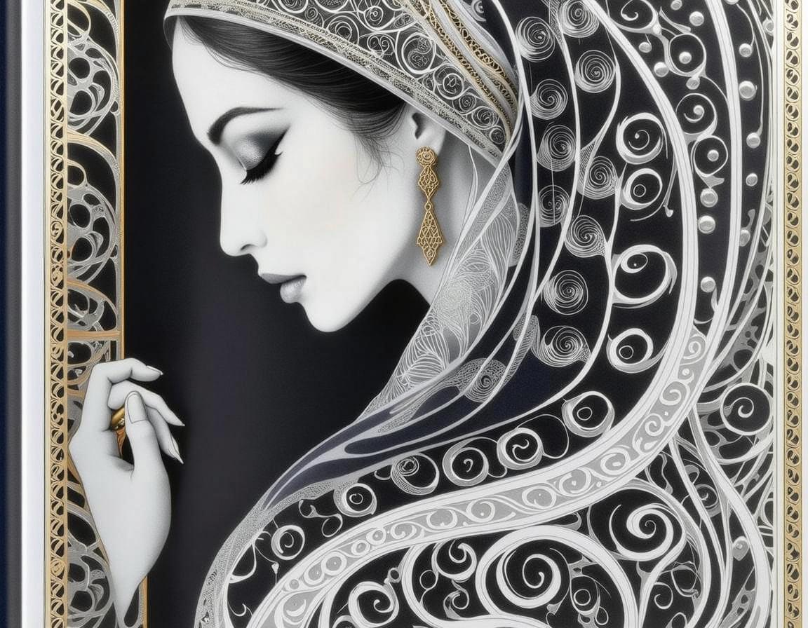 A stunning portrait of a woman in profile, adorned with intricate, elegant patterns around her face and head