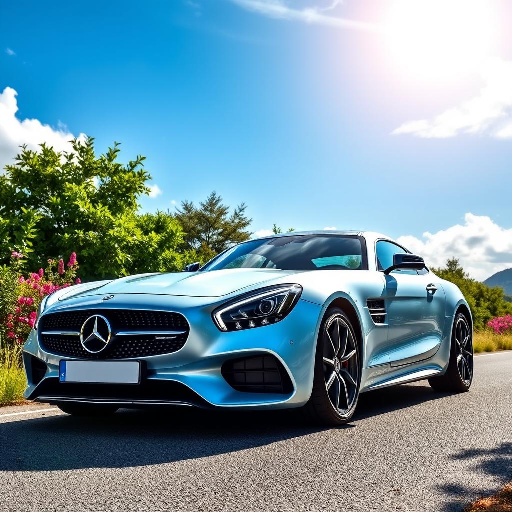 A stunning light blue Mercedes-Benz car parked on a scenic road, surrounded by lush greenery and vibrant flowers