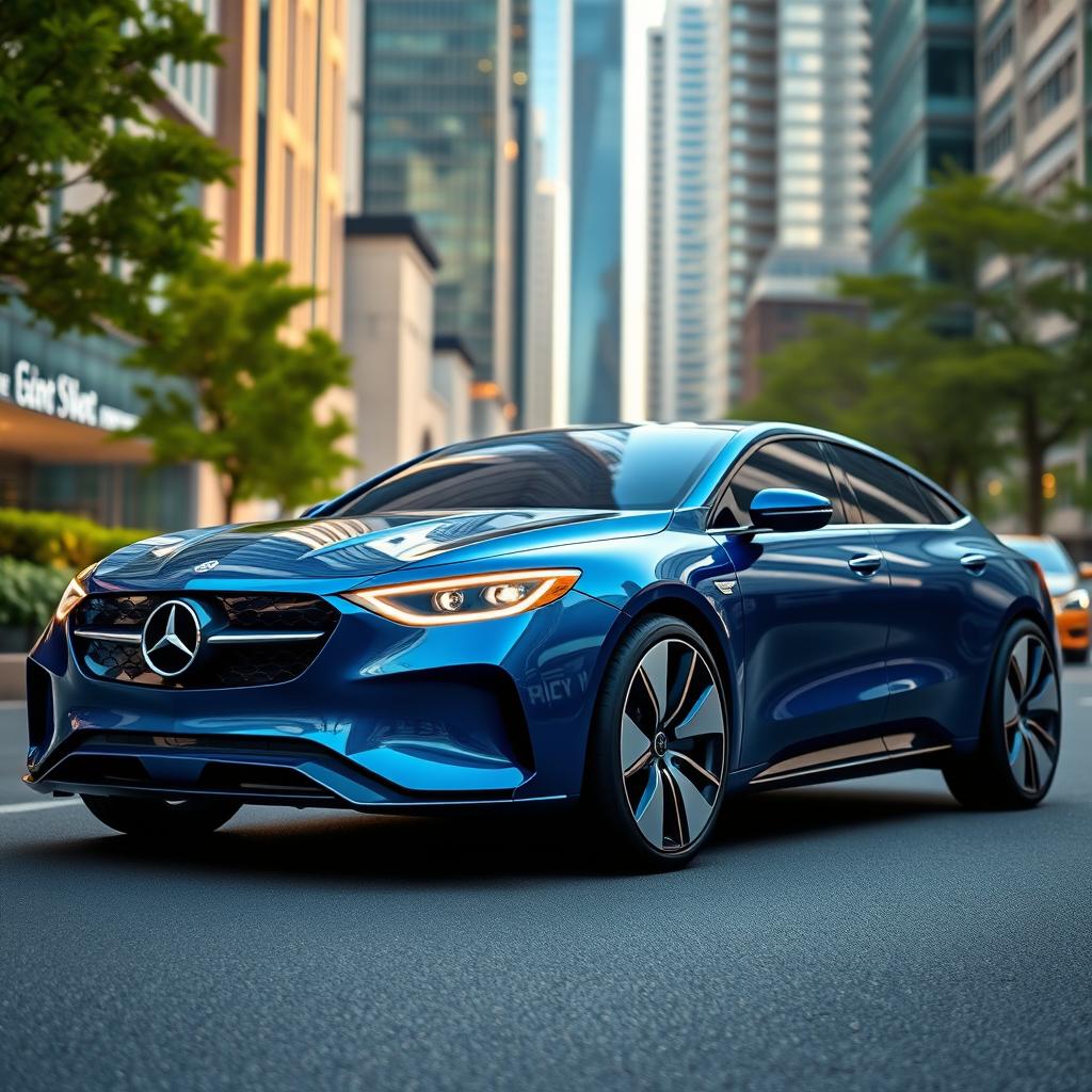 A futuristic blue Mercedes-Benz car, showcasing sleek, aerodynamic lines and cutting-edge technology