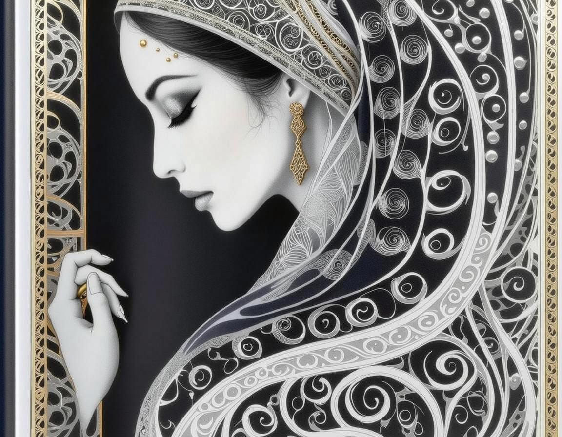 A stunning and elegant profile of a woman adorned in intricate, decorative patterns and wearing a beautifully detailed headscarf