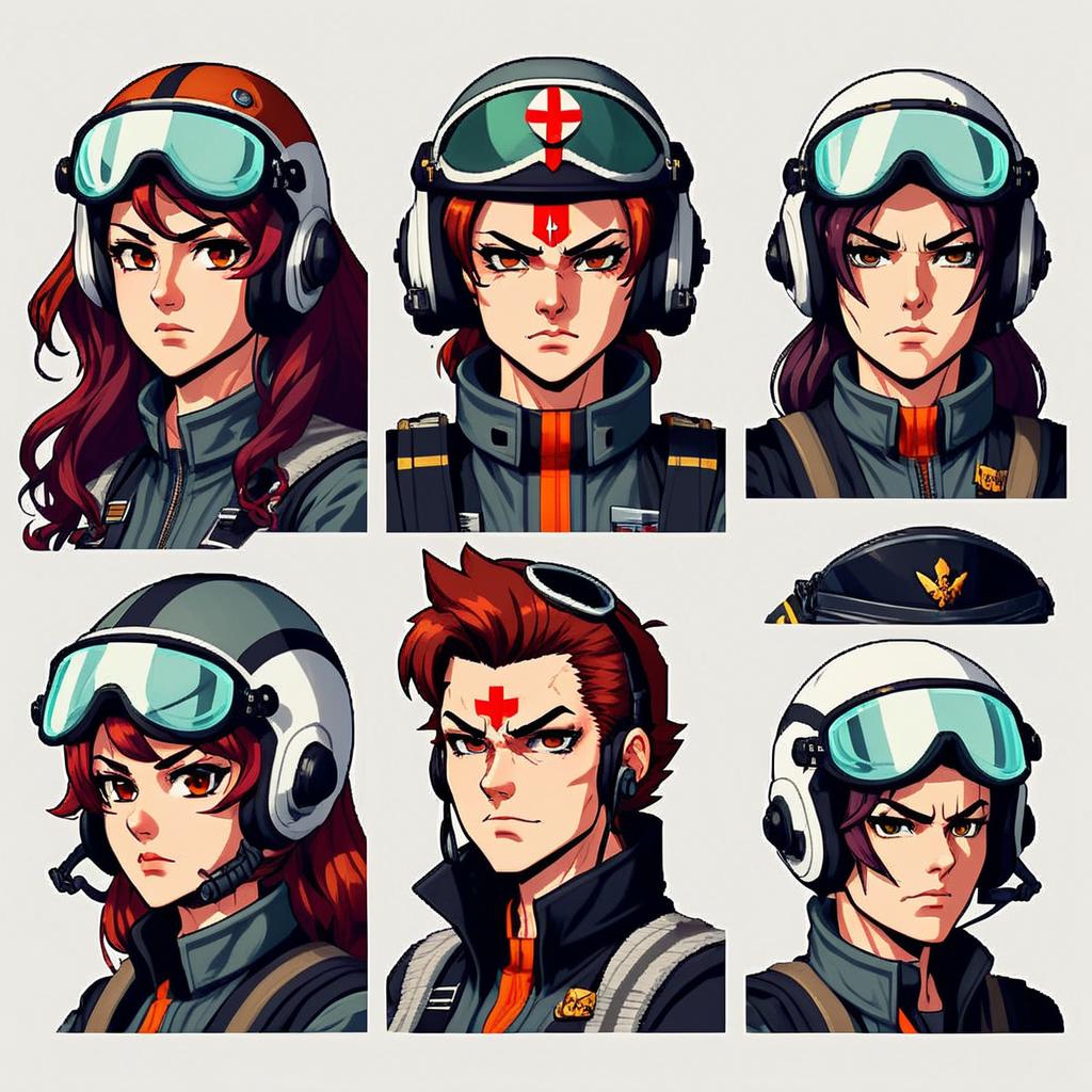pixel art style anime portraits of angry late 50s female Pilots with helmet on