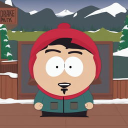 This is a high-quality digital art piece depicting Canadian rapper Drake as a South Park character, complete with the show's distinctive Canadian design including beady eyes and a flapping head