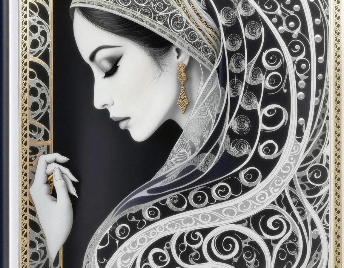 A beautifully detailed side profile of a woman adorned in an intricately designed headscarf, with swirling patterns and elegant motifs