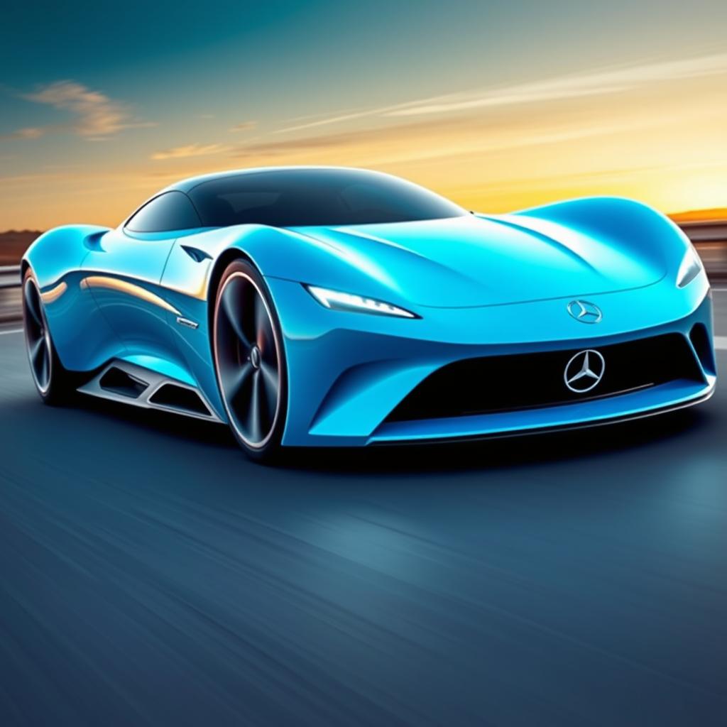 A futuristic sports car by Mercedes-Benz, in a striking light blue color