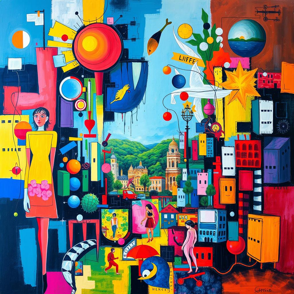 An abstract composition representing the essence of life in a vibrant and chaotic explosion of colors and forms, integrating elements of cubism with fragmented shapes and overlapping perspectives, expressionism through emotional brush strokes, pop art with bold, bright colors and iconic imagery, surrealism featuring dream-like bizarre elements, and impressionism capturing the light and movement of the scene in soft, fleeting strokes