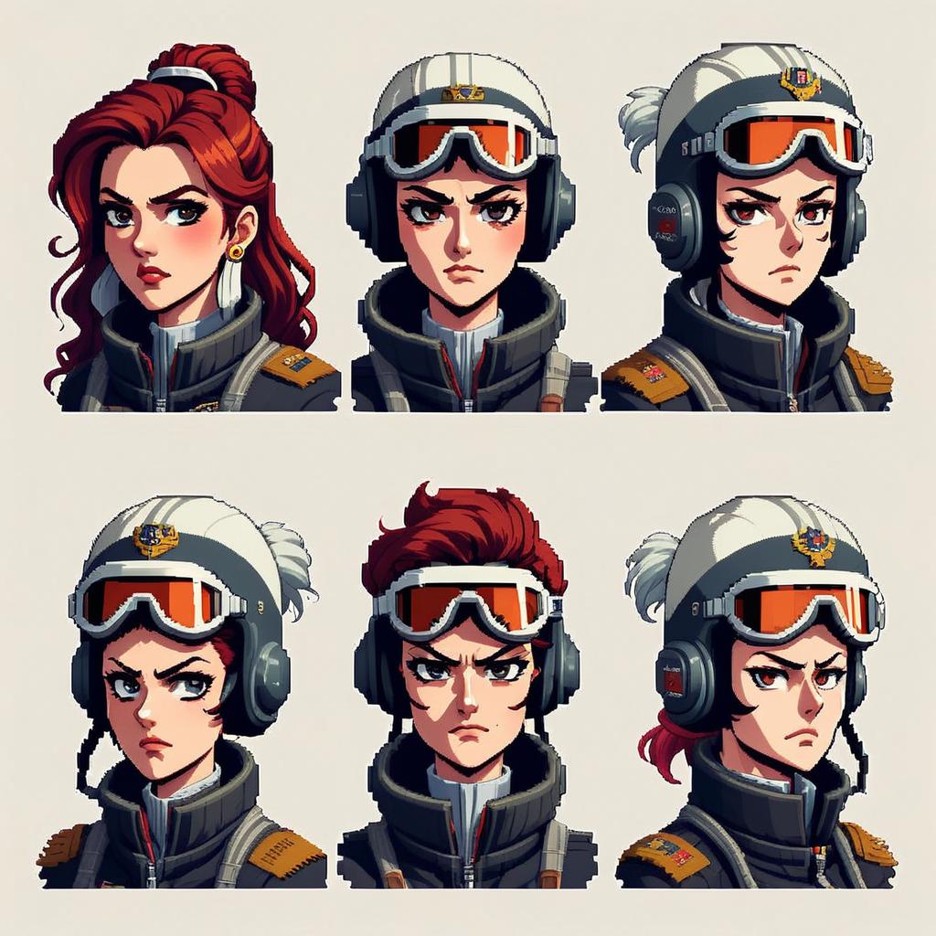 pixel art style anime portraits of angry late 50s female Pilots with helmet on
