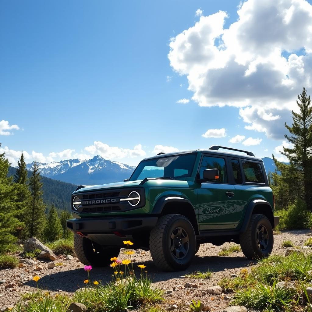 A stunning outdoor scene featuring a sleek Ford Bronco parked on a rugged mountain trail, surrounded by lush green pine trees and distant snow-capped peaks