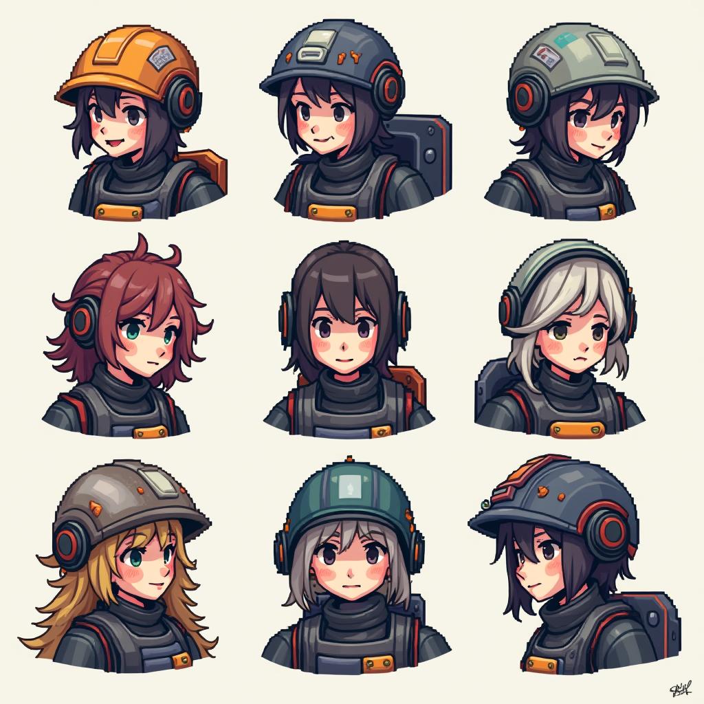 Pixel art style anime portraits of futuristic miners wearing helmets