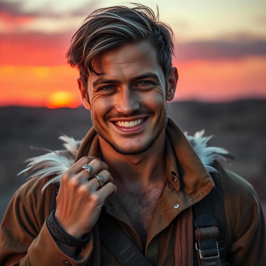 A brown-haired, tanned man in his late twenties, featuring a few white streaks in his hair