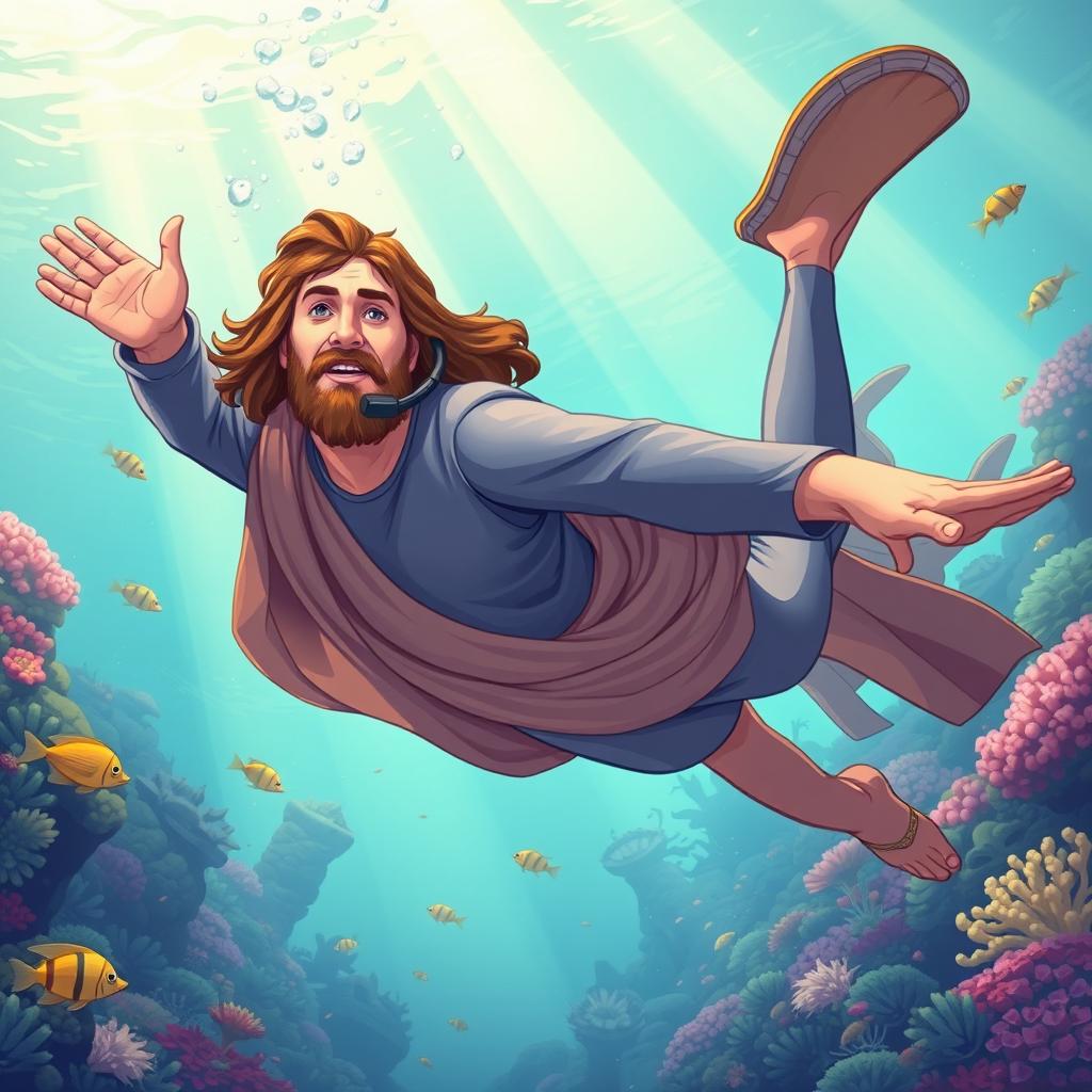 An illustration of Jesus Christ as a heroic diver, wearing a wetsuit and snorkeling gear, swimming gracefully underwater
