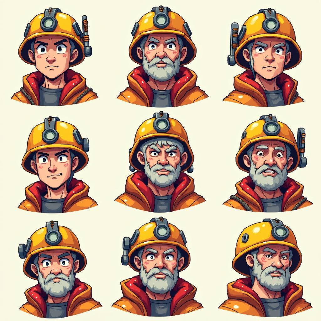 Pixel art style anime portraits of futuristic old miners, each wearing yellow and red gear with helmets
