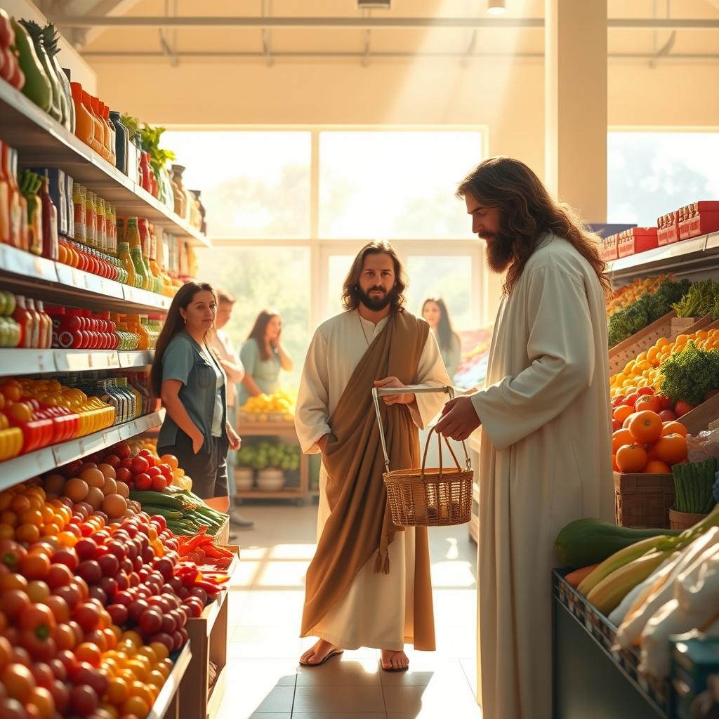 A serene and engaging scene of Jesus, depicted as a kind and gentle figure with long flowing robes, shopping in a brightly lit grocery store filled with a variety of fresh fruits and vegetables