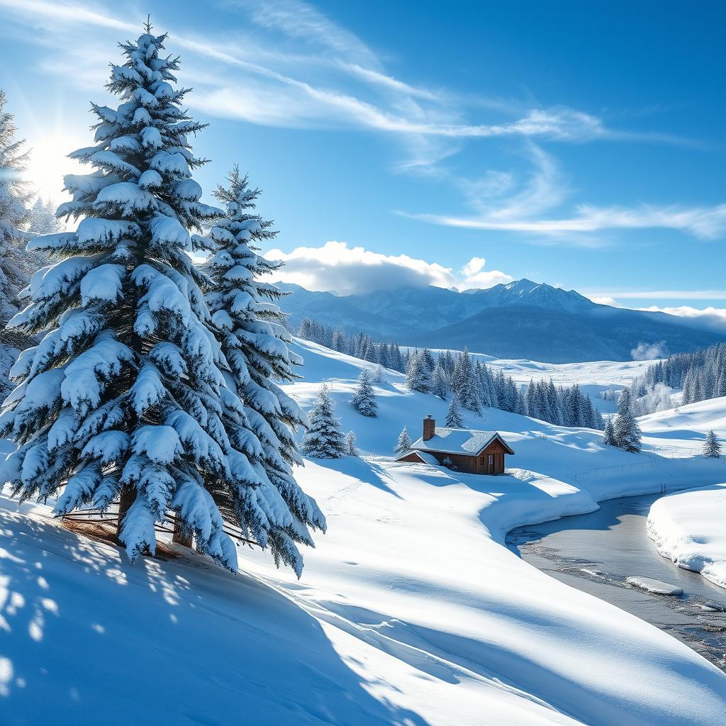 A breathtaking snowy landscape featuring soft, glistening snow covering rolling hills under a bright blue sky