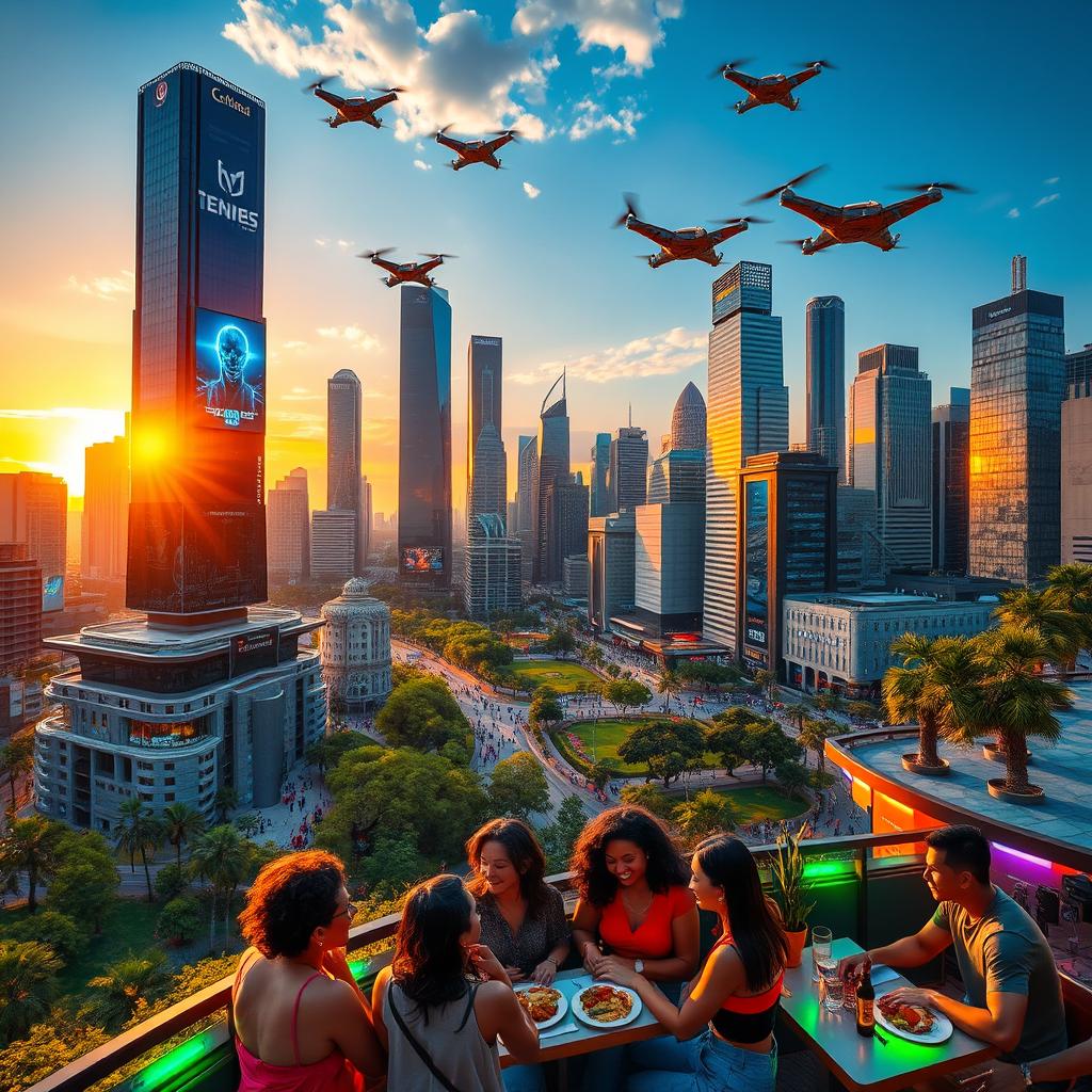 A futuristic cityscape during sunset, showcasing towering skyscrapers with holographic advertisements, flying vehicles zipping through the air, and bustling streets filled with diverse people in vibrant, tech-inspired fashion