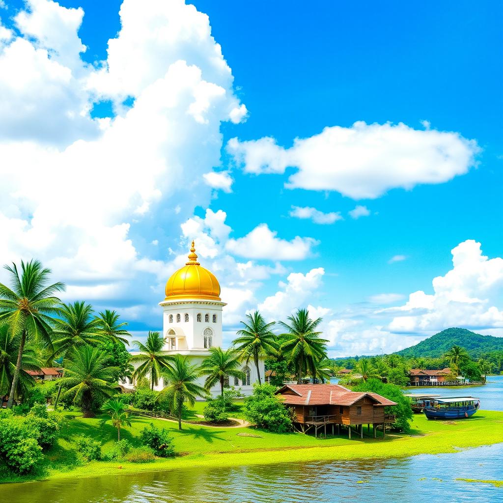 A picturesque view of Brunei's natural landscapes, featuring the iconic Sultan Omar Ali Saifuddien Mosque with its golden dome, surrounded by lush greenery and palm trees