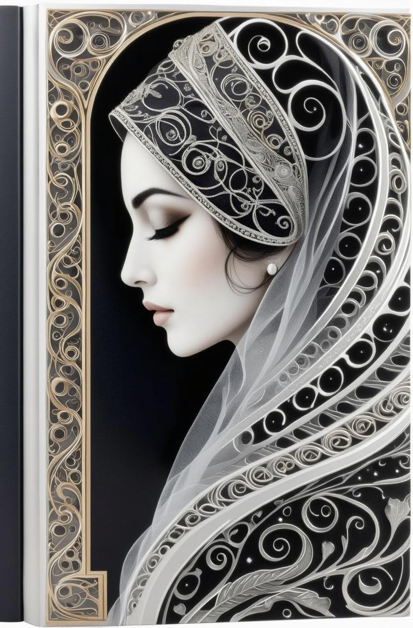 A graceful profile portrait of a woman, showcasing intricate and elegant patterns around her head and neck