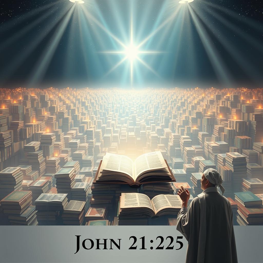 A captivating visual interpretation of John 21:25, featuring an expansive, ethereal library filled with countless glowing books representing the many actions of Jesus