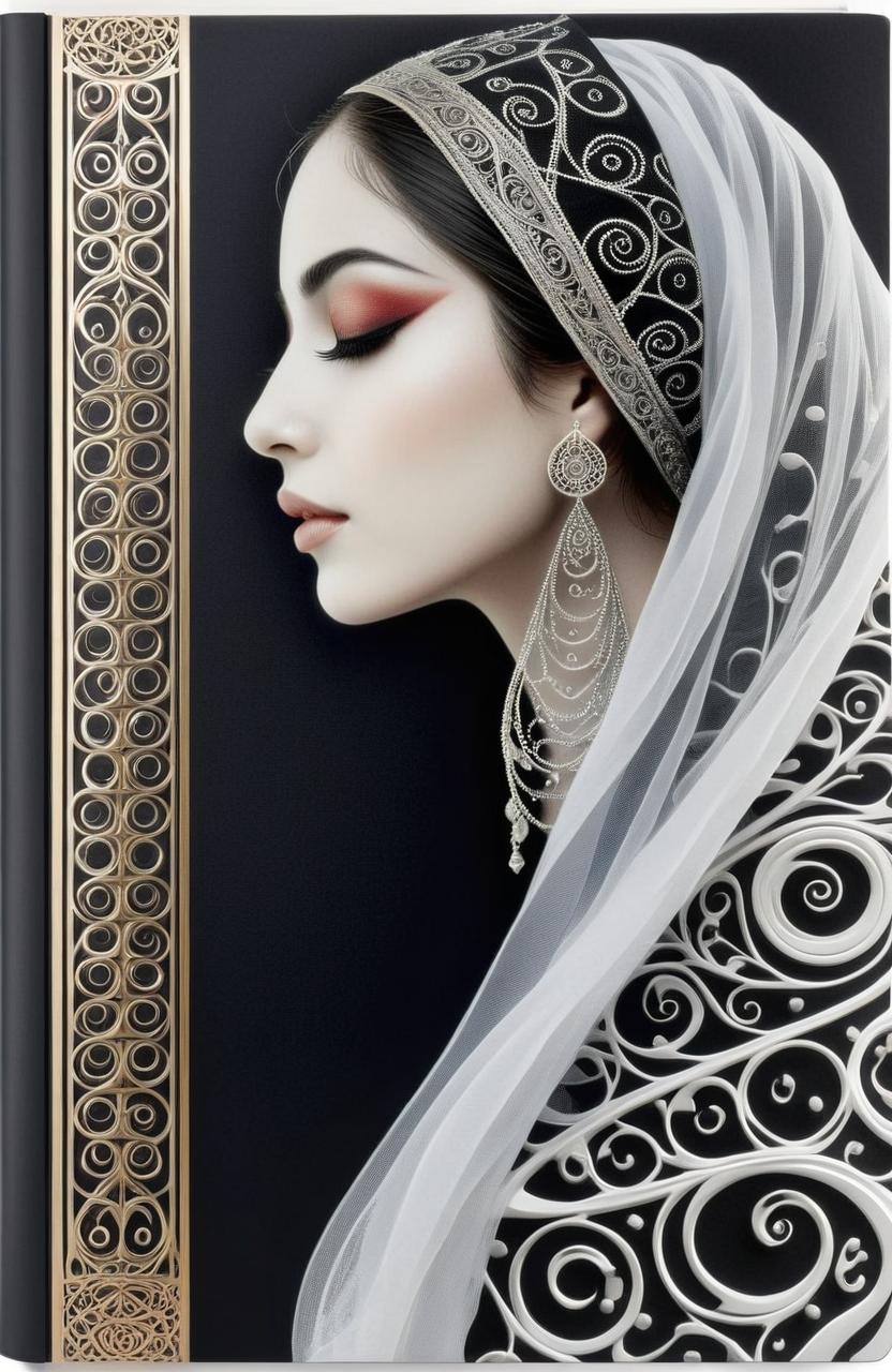 The image shows the complete design of a book cover (front and back cover).
Cover: A female figure in profile, with a serene face, closed eyes, and defined eyelashes. Vibrant red dots appear on her forehead. Her head is tilted downward, signaling submission or prayer. Her hair is detailed with intricate spirals and patterns, along with an elaborate hijab/veil with decorative motifs. Art Nouveau style: fine lines, dense ornamentation, and flowing lines. The monochrome palette (black/white) uses moderate contrast, adding shimmering golden accents to her clothing. The background is moderately dark to highlight the figure. Emphasize details in her hair, ornaments, and forehead, along with a calm expression, blending classic elegance with a mystical air.