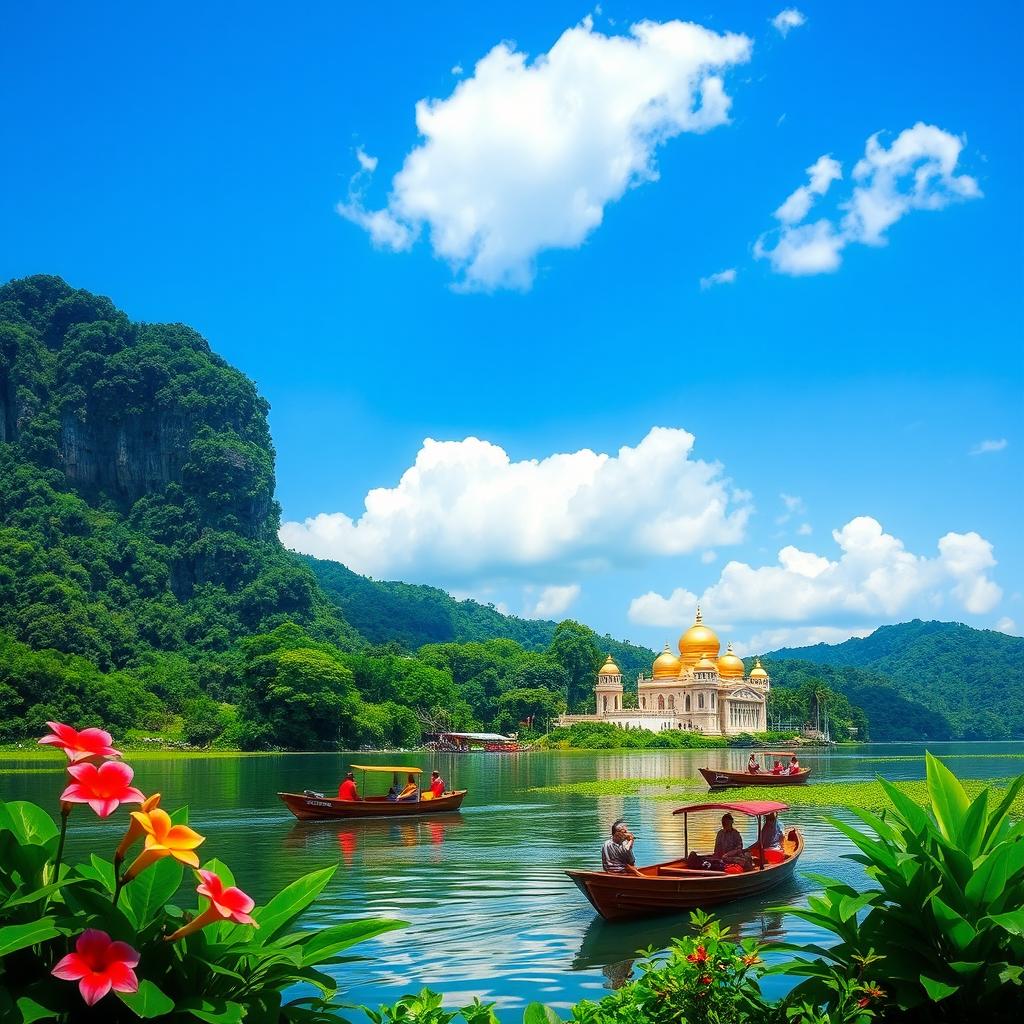 A stunning landscape of Brunei, showcasing its lush green rainforests, majestic river systems, and the iconic Sultan Omar Ali Saifuddien Mosque with its golden dome