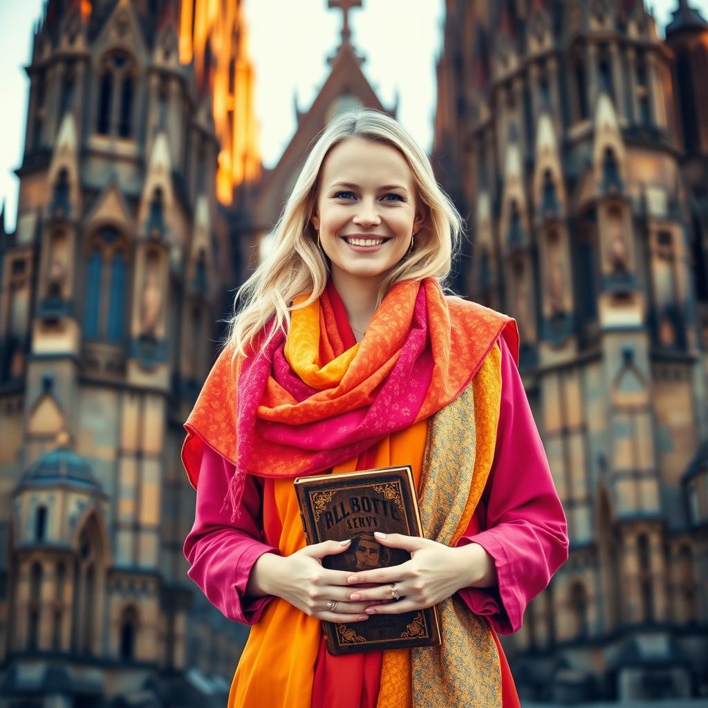 A boisterous-looking blond woman in her mid-twenties, wearing bright monk clothes in twelve vivid and eye-catching colors