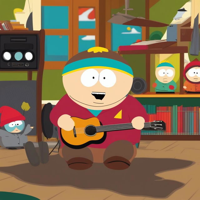 An animated image in the South Park style, featuring Cartman playing an acoustic guitar with great enthusiasm