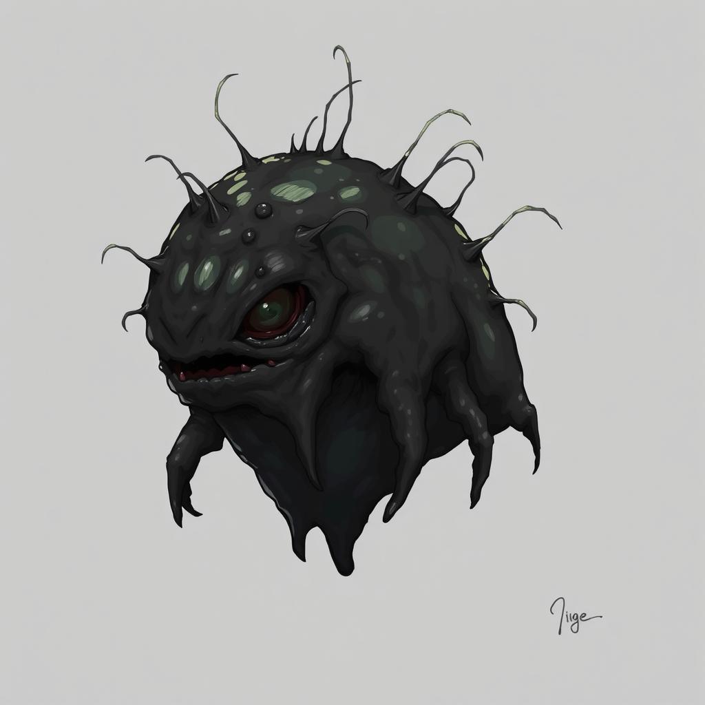 A dark, slimy creature with an irregular, amorphous shape, covered in a glossy, wet texture