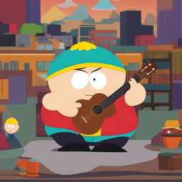 An animated image in the South Park style, featuring Cartman playing an acoustic guitar with great enthusiasm