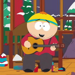 An animated image in the South Park style, featuring Cartman playing an acoustic guitar with great enthusiasm